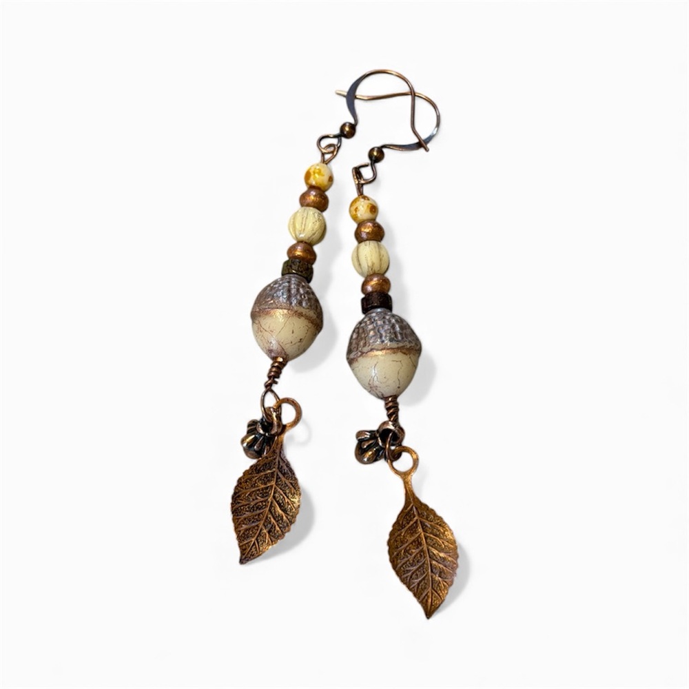 Handcrafted Elegant Copper Leaf Acorn Dangle Earrings - Picture 10 of 11